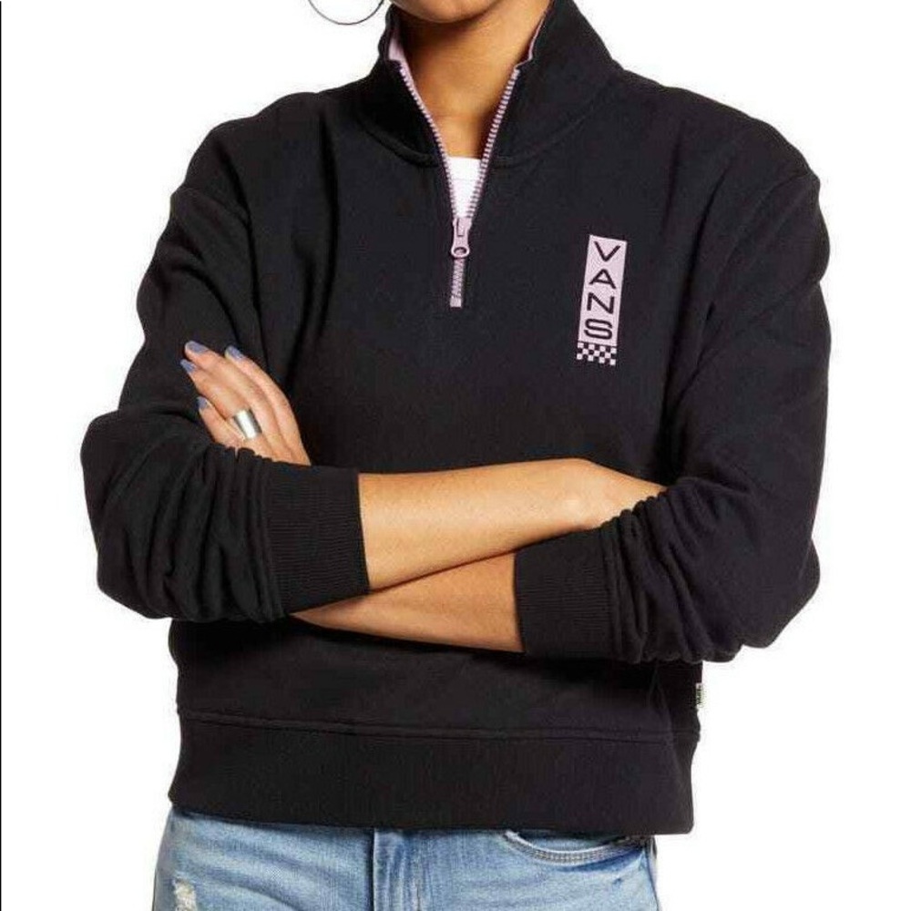Vans Logo Black Half Zip Mock Neck Crop Sweatshirt
